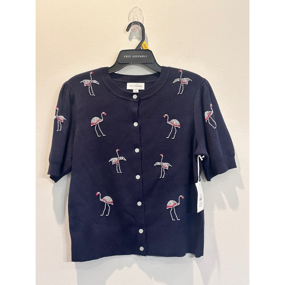 NWT Free Assembly womens Navy Flamingo Beaded Puff Shoulder Short Slv Cardigan L